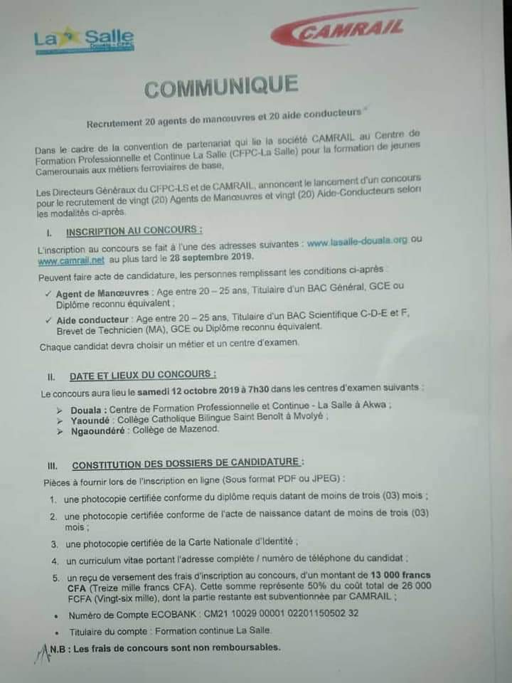 CAMRAIL : Recrutement de 40 agents, 20 agents manœuvre et de 20 aide conducteurs